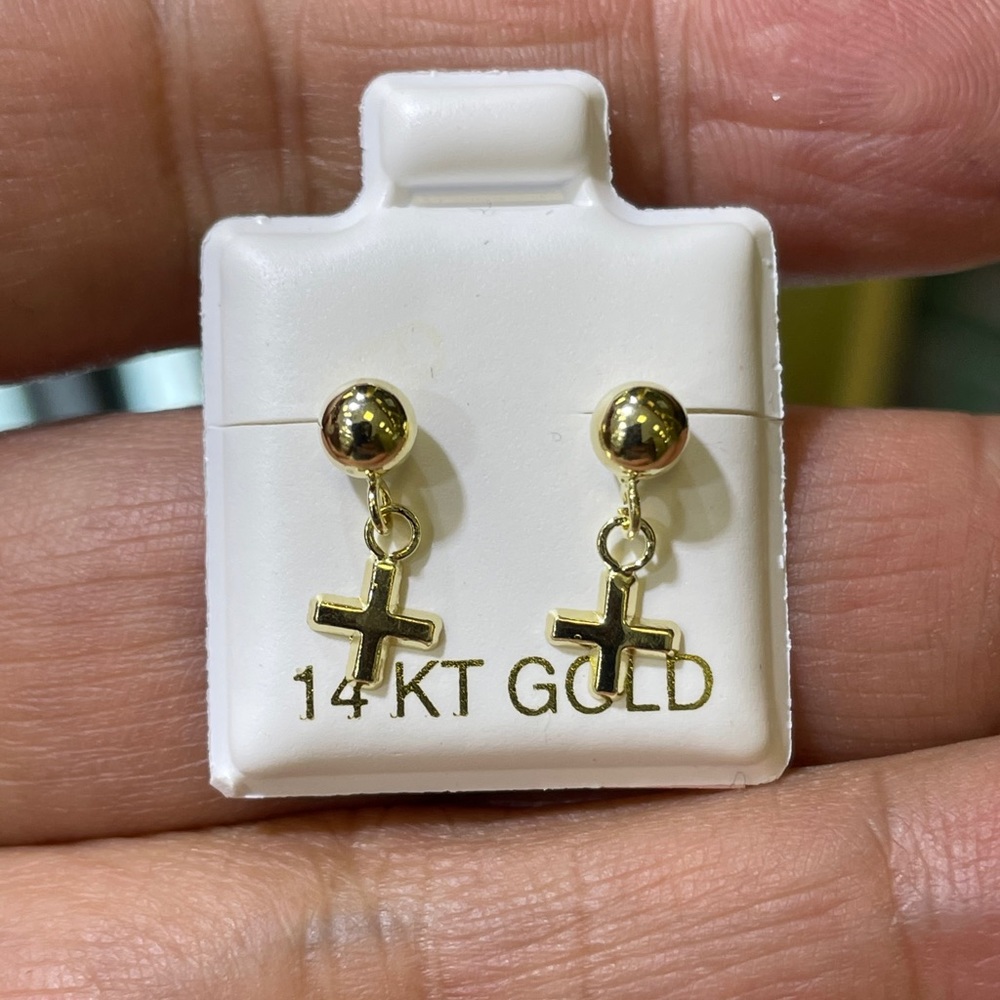 14 Karat Solid Yellow Gold DANGLING Cross Earring